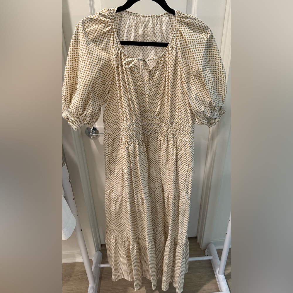 Anthropologie Cream and Gold Polka Dot Long Sleeve Dress